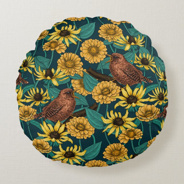Wrens and flowers on dark blue round cushion (Front)