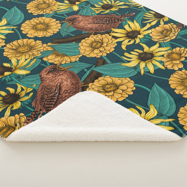 Wrens and flowers on dark blue sherpa blanket (3/4)