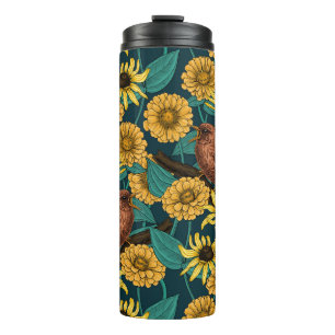 Wrens and flowers on dark blue thermal tumbler
