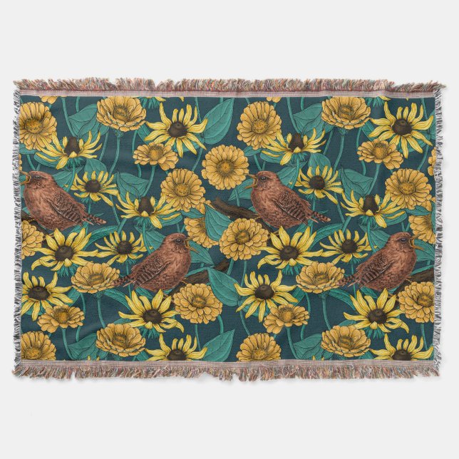 Wrens and flowers on dark blue throw blanket (Front)