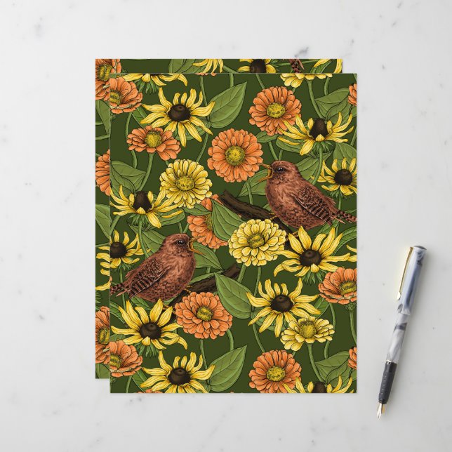 Wrens and flowers on green (Front/Back In Situ)