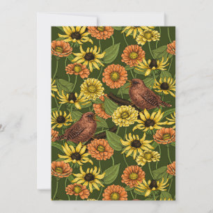 Wrens and flowers on green