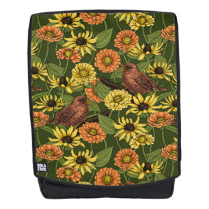 Wrens and flowers on green backpack