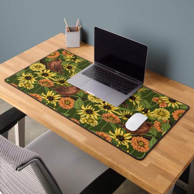 Wrens and flowers on green desk mat (Office 2)