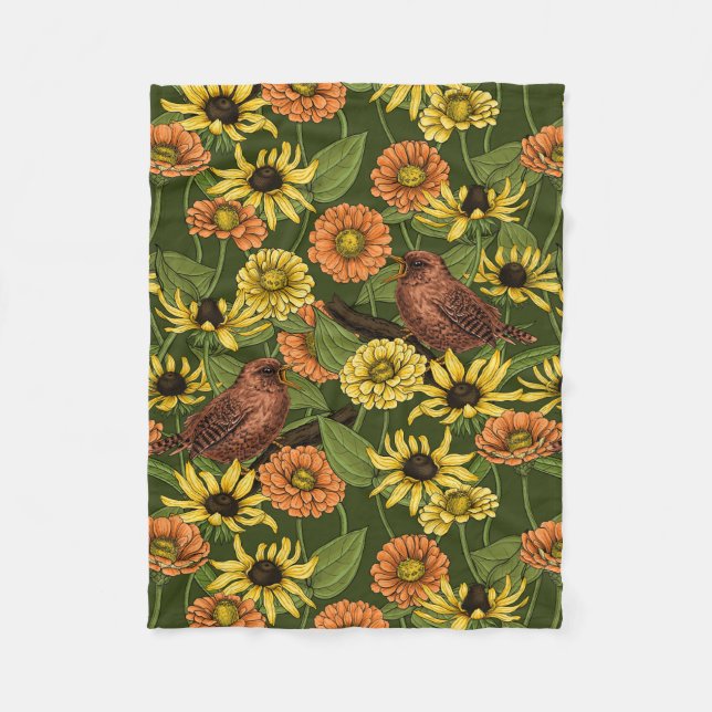 Wrens and flowers on green fleece blanket (Front)