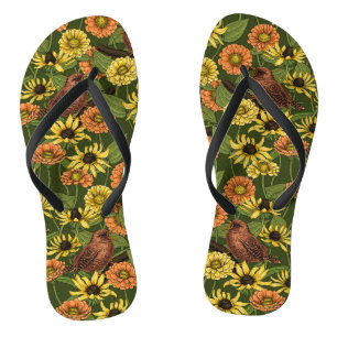 Wrens and flowers on green jandals