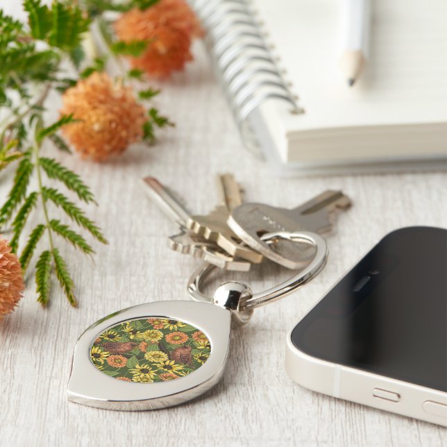Wrens and flowers on green key ring (Side)