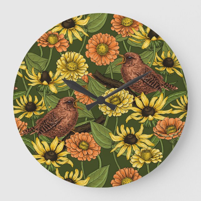 Wrens and flowers on green large clock (Front)