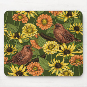 Wrens and flowers on green mouse pad