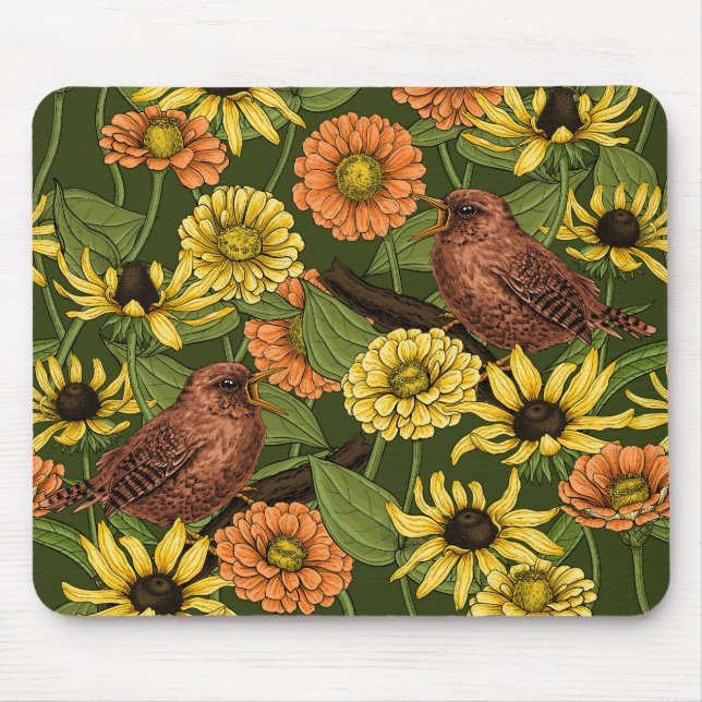 Wrens and flowers on green mouse pad (Front)