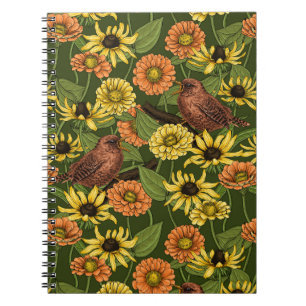 Wrens and flowers on green notebook