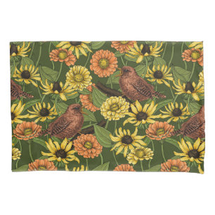 Wrens and flowers on green pillowcase