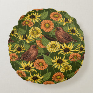 Wrens and flowers on green round cushion