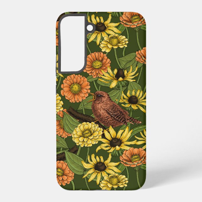 Wrens and flowers on green samsung galaxy s22+ case (Back)