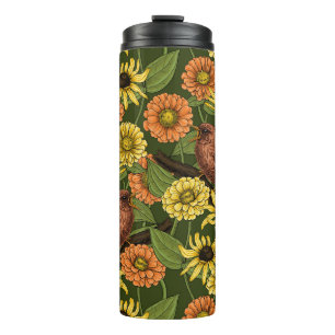 Wrens and flowers on green thermal tumbler