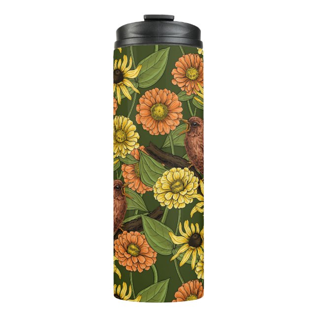 Wrens and flowers on green thermal tumbler (Front)