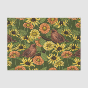 Wrens and flowers on green tissue paper