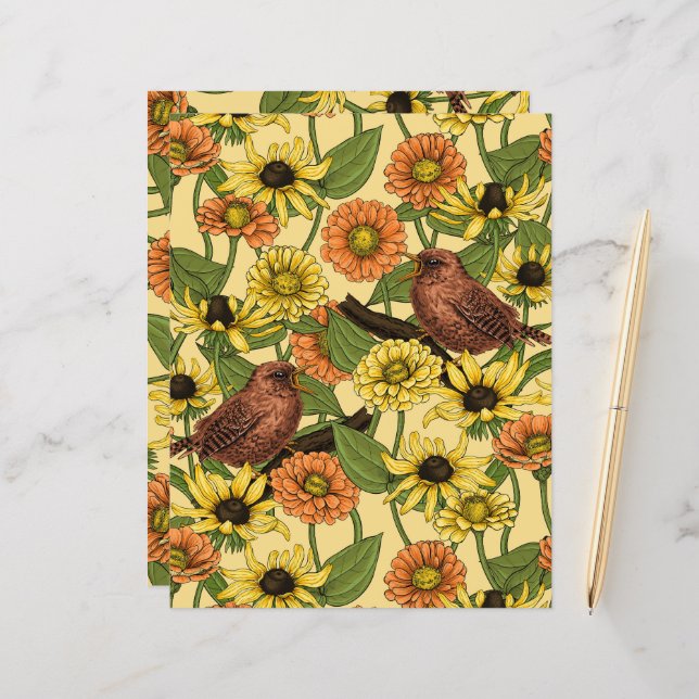 Wrens and flowers on pale yellow (Front/Back In Situ)