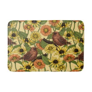 Wrens and flowers on pale yellow bath mat