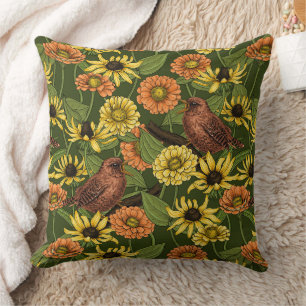 Wrens and flowers on pale yellow cushion