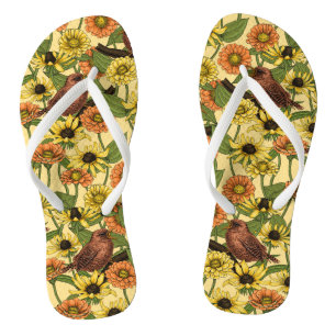 Wrens and flowers on pale yellow jandals