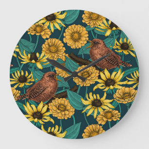 Wrens and flowers on pale yellow large clock