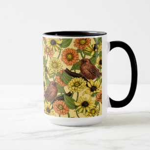 Wrens and flowers on pale yellow mug