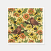 Wrens and flowers on pale yellow