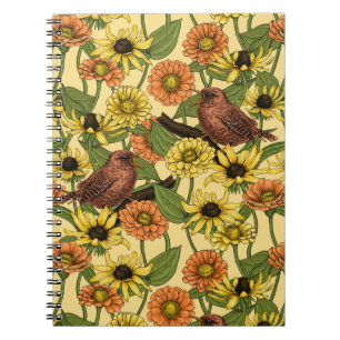 Wrens and flowers on pale yellow notebook