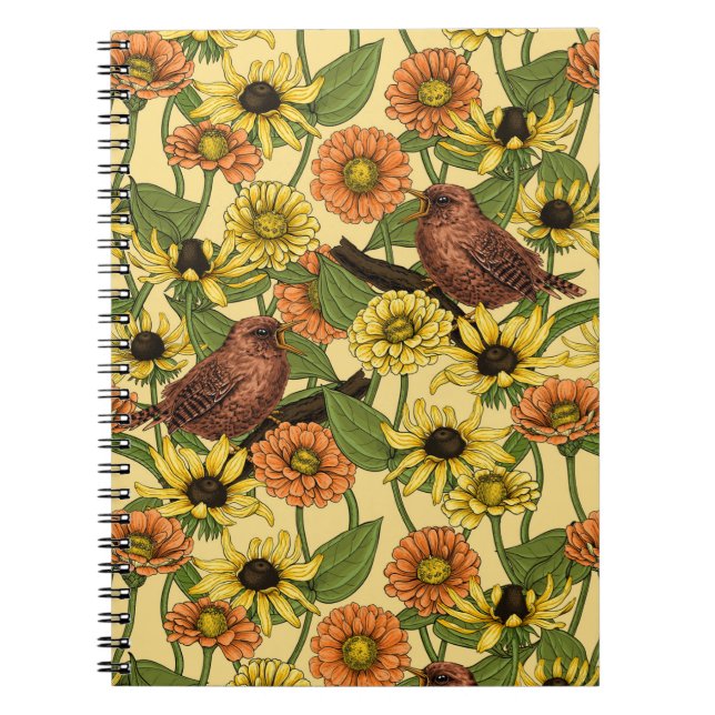 Wrens and flowers on pale yellow notebook (Front)