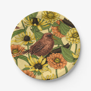 Wrens and flowers on pale yellow paper plate