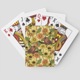 Wrens and flowers on pale yellow playing cards
