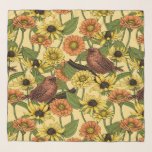 Wrens and flowers on pale yellow scarf<br><div class="desc">Hand-painted vector pattern with wren birds,  zinnias and rudbeckia flowers</div>