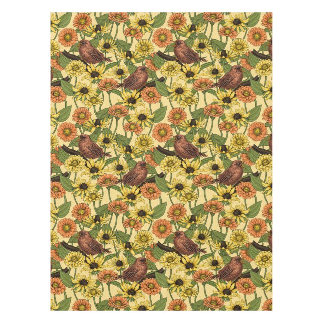 Wrens and flowers on pale yellow tablecloth (Front)