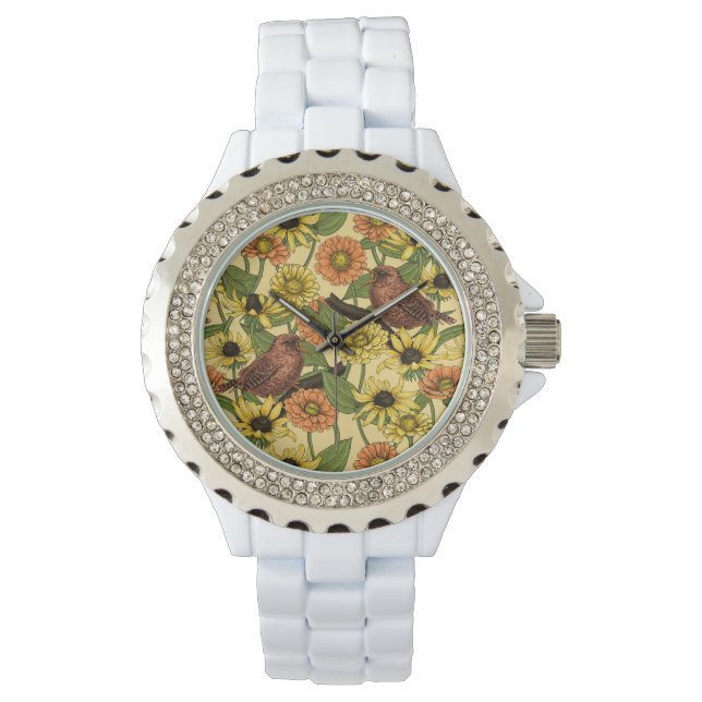 Wrens and flowers on pale yellow watch (Front)