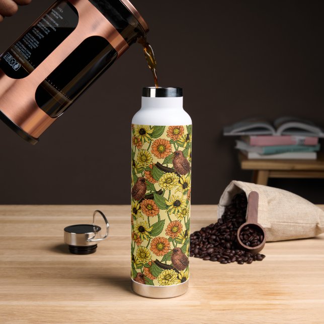 Wrens and flowers on pale yellow water bottle (Coffee)