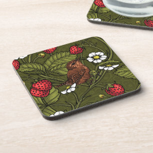 Wrens and strawberries on dark green coaster
