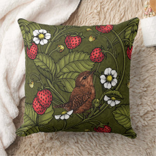 Wrens and strawberries on dark green cushion