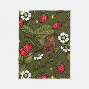 Wrens and strawberries on dark green fleece blanket