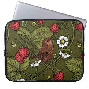 Wrens and strawberries on dark green laptop sleeve