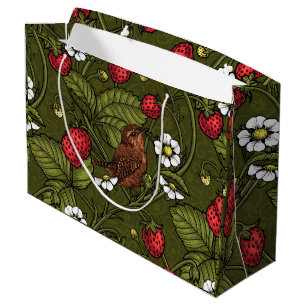 Wrens and strawberries on dark green large gift bag