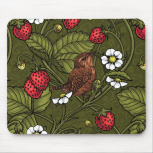 Wrens and strawberries on dark green mouse pad