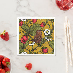 Wrens and strawberries on dark green napkin