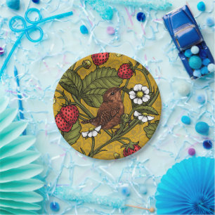 Wrens and strawberries on dark green paper plate