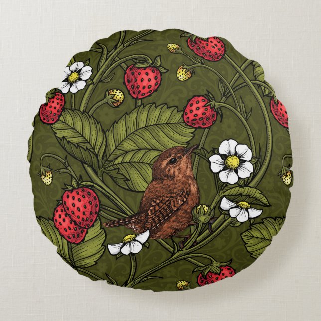 Wrens and strawberries on dark green round cushion (Front)