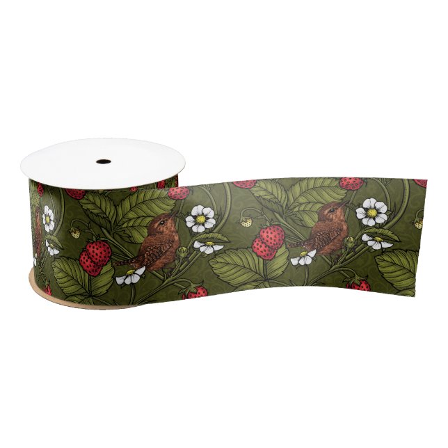 Wrens and strawberries on dark green satin ribbon (Spool)