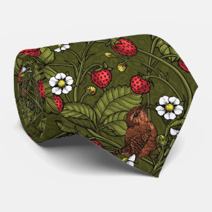 Wrens and strawberries on dark green tie