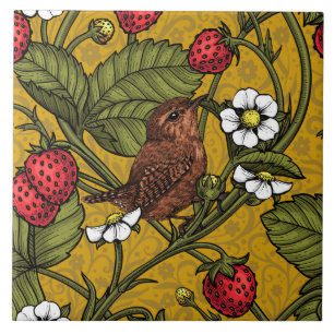 Wrens and strawberries on dark green tile