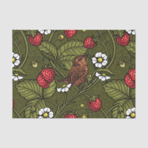 Wrens and strawberries on dark green tissue paper