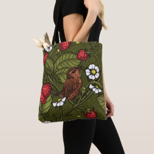 Wrens and strawberries on dark green tote bag